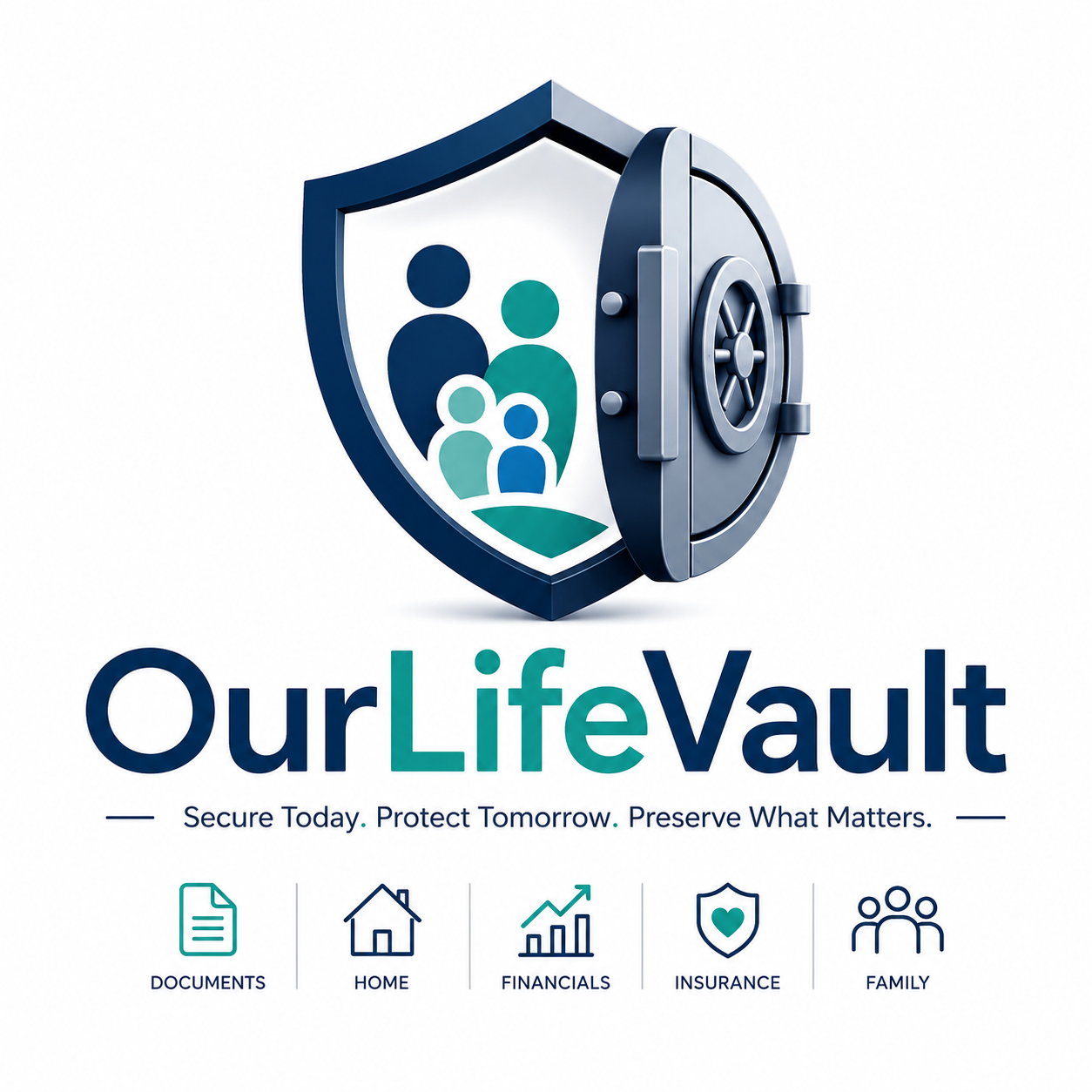 OurLifeVault — shield and vault mark, with Documents, Home, Financials, Insurance, and Family modules